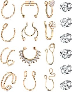 MODRSA Stainless Steel Non-Piercing Jewelry Set: Fake Nose Rings, Septum & Ear Cuffs for Women and Men, Adjustable & Hypoallergenic