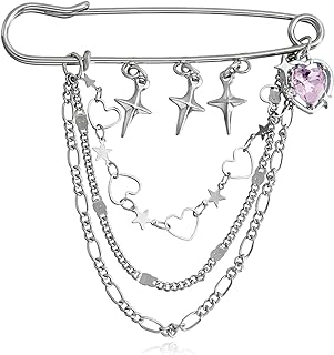 Butterfly Clasp Rhinestone Star and Heart Shaped Brooch with Dainty Multilayer Chains - Elegant Lapel Pin for Women and Girls for Special Occasions - Crafted from Glass and Alloy