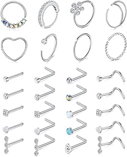 Mayhoop 20g Stainless Steel Nose Rings Hoop L Shape Nose Studs Nose Screw Bone Silver Rose Gold Black Rainbow Pack for Women Men 28Pcs