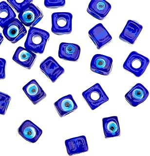 NBEADS Turkish Evil Eye Bead Necklace in Glass and Plastic with Large Hole, Cube/Square Design, Blue Color, 25 Pc Set, for Jewelry Making