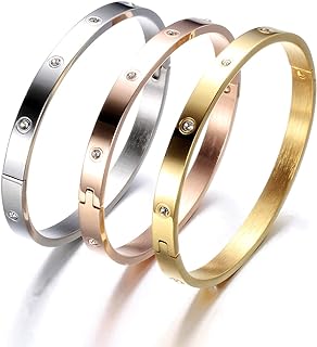 Elegant Bracelet Bangles Gift Box, 1 Silver, 1 Gold, 1 Rose Gold, Friendship Jewelry, Stainless Steel Hinged Love Bracelets with Select Cubic Zirconias.