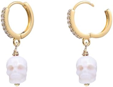 Pearl Huggie Earrings，Gothic Skull skeleton 14k Gold 925 Sterling Silver Drop Dangle Huggie Hoop Statement Earrings, Trendy Dangle Hoop Earrings