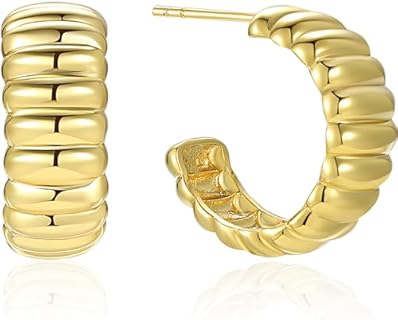 Dome Ribbed Earrings | 14K Gold Sterling Silver Ribbed C-Hoop Earrings | Women's Gold Bold Croissant Earrings