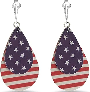 Patriotic Aloha Dangle Clip-On Earrings with American Flag Design, Crafted from Alloy and Glass - Perfect Festive Accessory for 4th July Celebrations