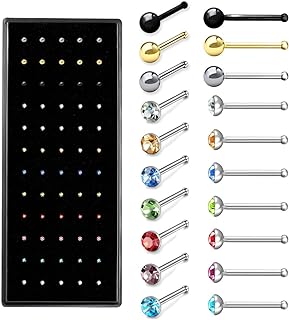 Vibrant 60-piece Nose Stud Set in Hypoallergenic Stainless Steel with Mixed Crystals for Men and Women, Assorted Colors/Designs