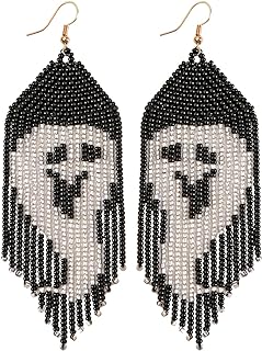 Spooky Halloween Ghost Face Drop Earrings with Cubic Zirconia in Stainless Steel, French Wire Back, Ideal for Women, Intricate Witch Hat/Boho Bead Design