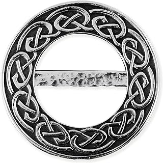 Scarf Ring Clip Pewter Thistle Celtic Knot Dragonfly Frog on Leaf Brooch Round and Grey for Women Clothing Present Accessory Scotland Gift (S M)