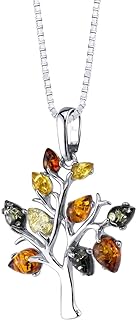 PEORA Genuine Baltic Amber Tree of Life Pendant Necklace and Adjustable Bracelet 925 Sterling Silver, Rich Multiple Colors