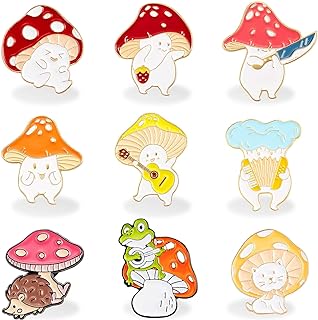 9 Pieces Mushroom Pin Brooches Mushroom Brooches Cute Cartoon Mushroom Gift Alloy Brooch Guitar Cat Frog Hedgehog Cartoon Plant Pin Welcome Back to School Gift for Backpack Clothes Hat