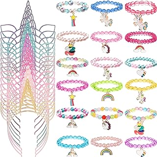 36 Pcs Unicorn Party Favors Unicorn Headbands for Girls Colorful Unicorn Bracelet Christmas Kids Gifts Rainbow Beaded Bracelets Unicorn Horn Headband for Birthday Party Supplies