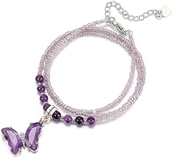 Lobster Clasp Butterfly Bead Necklace with Bar Chain - No Gemstone Pendant for Women - Natural Amethyst Crystal Stone Design