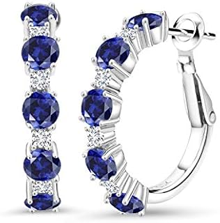 Gem Stone King 925 Sterling Silver Blue Created Sapphire and White Lab Grown Diamond Hoop Earrings For Women (2.80 Cttw, Round 4MM and 1.9MM, Gemstone Birthstone 1 Inch Diameter)