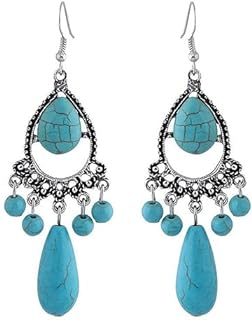 Long Turquoise Chandelier Statement Dangle Drop Earrings for Women Girls Silver Tone Antique Boho Western Teardrop Dangling Fish Hook Stud Earring Hypoallergenic Bohemian Lightweight Birthday Holiday Jewelry Gifts