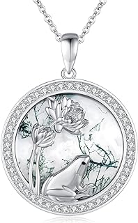 TANGPOET Sterling Silver Lotus Flower Frog Pendant Necklaces Natural Green Moss Agate Necklace Jewelry Gifts for Women Teen Girls with 18" To 20" Chain