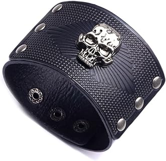 Gothic Skull Bead Bracelet with Snap Clasp, Punk Style Wide Leather Cuff Wristband for Unisex, Metal Alloy Design