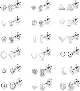 Vegolita 18Pairs 20G 18G Stainless Steel Tiny Stud Earrings for Women Cartilage Helix Earrings Ball Star CZ Earrings