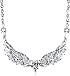 POPLYKE Angel Wings Rolo Chain Necklace with Cubic Zirconia Double Heart Sterling Silver Pendant
