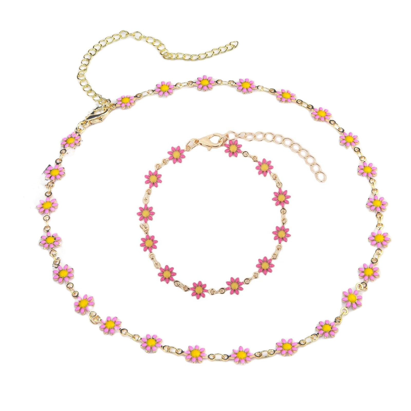 Daisy Flower Necklace Bracelet for Women Bohemian Enamel Daisy Choker Necklace Bracelet Handmade Gold Daisy Spring Sunflower Daisy Bracelet for Women Girls Party Beach Gifts Jewelry Set