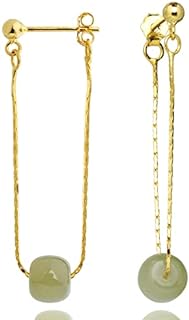 Vintage 925 Sterling Silver Jade Dangle Earrings for Women, Natural Green Hetian Jade Drop Earring Hook Jewelry Lucky Chinese Gift for Her (Threader)