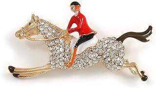 Crystal Racing Horse and Jockey Brooch In Gold Tone Metal - 55mm Across
