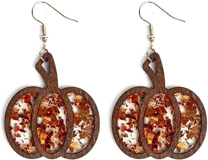 Retro Leopard Print Wooden Pumpkin Dangle Earrings with French-Wire Back Finding - Lightweight Handmade Autumn Themed Jewelry for Women