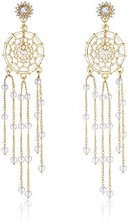 KRUCKEL Dreamcatcher, Hypoallergenic Pearl Drop Earrings with Alloy & Crystal Elements, Push Back Design for Women - Ideal Birthday & Anniversary Gift
