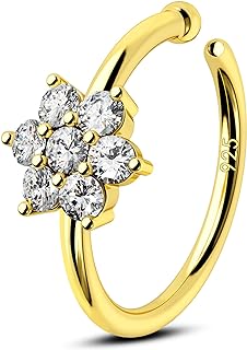 COCHARM 14K Gold Plated Nose Hoops 20g 925 Sterling Silver Gold Flower Nose Hoop Nose Rings 10mm Press Fit Sterling Silver Hoop Nose Piercing 20g Gold Hypoallergenic Nose Hoop