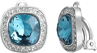 Yoursfs Platinum Plated Cubic Zirconia Clip-On Earrings with Elegant Blue Gem for Women – Beautiful Square Design Bridal/Wedding Accessory