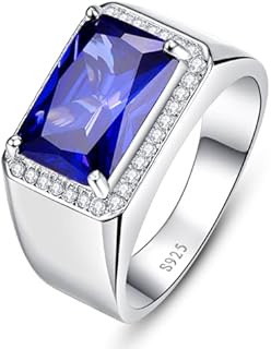 7ct 8X12mm Created Sapphire|Black Onyx Rings for Men 925 Sterling Silver Rings for Men Rectangle Cut Blue Sapphire Rings with White Cubic Zirconia Mens Wedding Engagement Rings Band Size 5-14