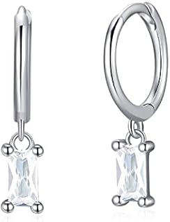 Dainty Dangle Hoop Earrings with Baguette CZ for Women Girls, Sterling Silver Small Huggie Earring with Cubic Zirconia Charm