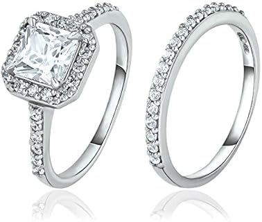 SEA OF ICE Engagement Rings Princess Cut – Elegant Wedding Engagement Ring Set – 925 Stainless Steel and Cubic Zirconium Rings for Women - Princess Cut Halo Engagement Ring and Band – 6 x 6mm