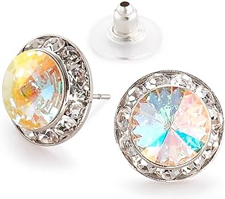 Clip-On or Pierced Rhinestone Earrings in Crystal Clear and Crystal AB for Performances, Weddings, and More - Unique Design in Brass and Stainless Steel