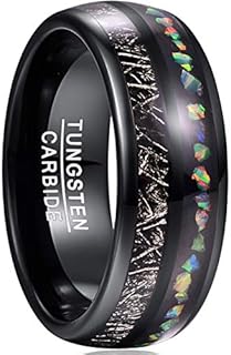 NUNCAD 8mm Black Tungsten Men's Ring with Crushed Imitated Meteorite and Fire Opal Inlay, Polished Finish, Comfort Fit Size 7-12