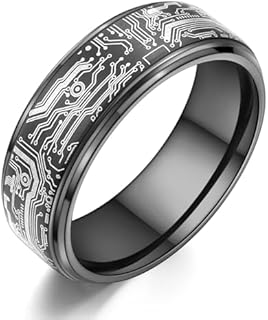 Black Tungsten Carbide Geek Wedding Ring with Unique Computer Circuit Pattern Design for Men, Comfort Fit Sizes 7-14