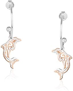 SolidSilver - Sterling Silver Double Dolphin Filigree Two Toned Dangle Half Hoop Stud Earrings