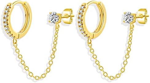 14K Gold Plated Cubic Zirconia Embellished Dangle Chain Hoop Earrings with Push-back Closure for Women and Teen Girls