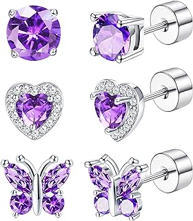 FIASASO 3Pairs 925 Sterling Silver Birthstone Earrings Flat Back 20G Heart Butterfly Birthstone Stud Earrings for Women Stud Earrings for Birthday Gift