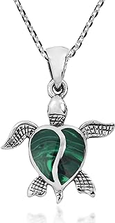 Women's AeraVida Love Life Sea Turtle Heart Necklace, Malachite & Sterling Silver, 18-Inch Cable Chain with Round Spring Ring Clasp