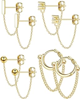 YADOCA 4 Pairs Chain Earrings for Women CZ Ball Bar Huggie Hoop Piercing Dangle Chain Stud Earring Set Gold Silver Rose Gold