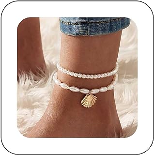 Vacaonio Vintage Layered Shell Pearl Anklet White Pearl Anklet Gold Scallop Shell Anklet Bracelet Pearl Bead Anklet Foot Chain Pearl Stretch Anklet Jewelry for Women and Girls