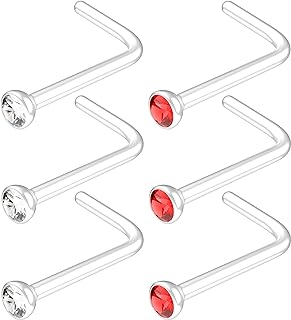 6-Piece Set of 20g Pink Nose Studs with Crystal Gems for Men and Women - Stainless Steel and Clear Bioflex