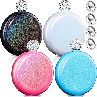 4 Pcs Cute Liquor Flask for Women 5 oz 304 Stainless Steel Flask for Whiskey Liquor Glitter Coating Flask Portable Wine Flask with Shining Rhinestone Cap and 4 Funnels for Drink Bar BBQ and Travel