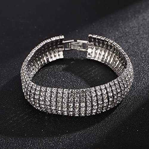 Xerling Full Rhinestones Bracelets Silver and Gold Crystal Cluster Wide Bangle Bracelets for Women Girls Multi-layered Tennis Chain Bracelets