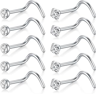 D.Bella Nose Rings 10Pcs 18G Nose Screw Rings Studs Surgical Steel Piercing Jewelry 2mm Clear CZ Silver