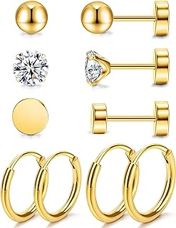 Staligue 5 Pairs Titanium Earrings for Sensitive Ears Dot Ball Cubic Zirconia 20 Gauge Pure Titanium Stud Hoop Earrings Set G23 Titanium Earrings Flat Back for Women