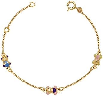 14k Yellow Gold 5.75 Inch Adjustable Three Teddy Bear Enamel Baby Id Bracelet Measures 5mm Jewelry for Women