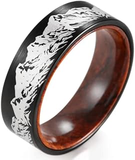 Mens Wood Wedding Titanium Ring Laser Etched Forest Mountain Landscape Pine Spruce Tree Ring Wedding Band for Men 8mm Black Comfort Fit