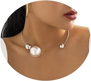 Metal Big Pearl Open Choker Necklace Adjustable Gold Big Pearl Choker Necklaces for Women Round Open Cuff Necklace Elegant Cuff Collar Necklace Statement Chain Necklace for Women …