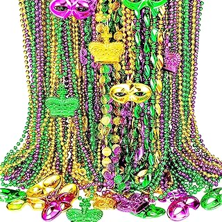 Mardi Gras Inspired Coin Bead Necklace with Ball Chain, Ideal for Parties, Festive Events - Assortment of Purple, Green, Gold Necklaces with Round, Crown, Mask, Anchor, Buttonhole Designs