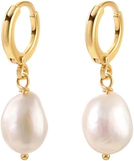 14k Gold Small Hoop Earrings with Simulated Baroque Pearl Earrings for Women | Pearl Drop Dangle Earrings Gold Hoop Earrings for Women